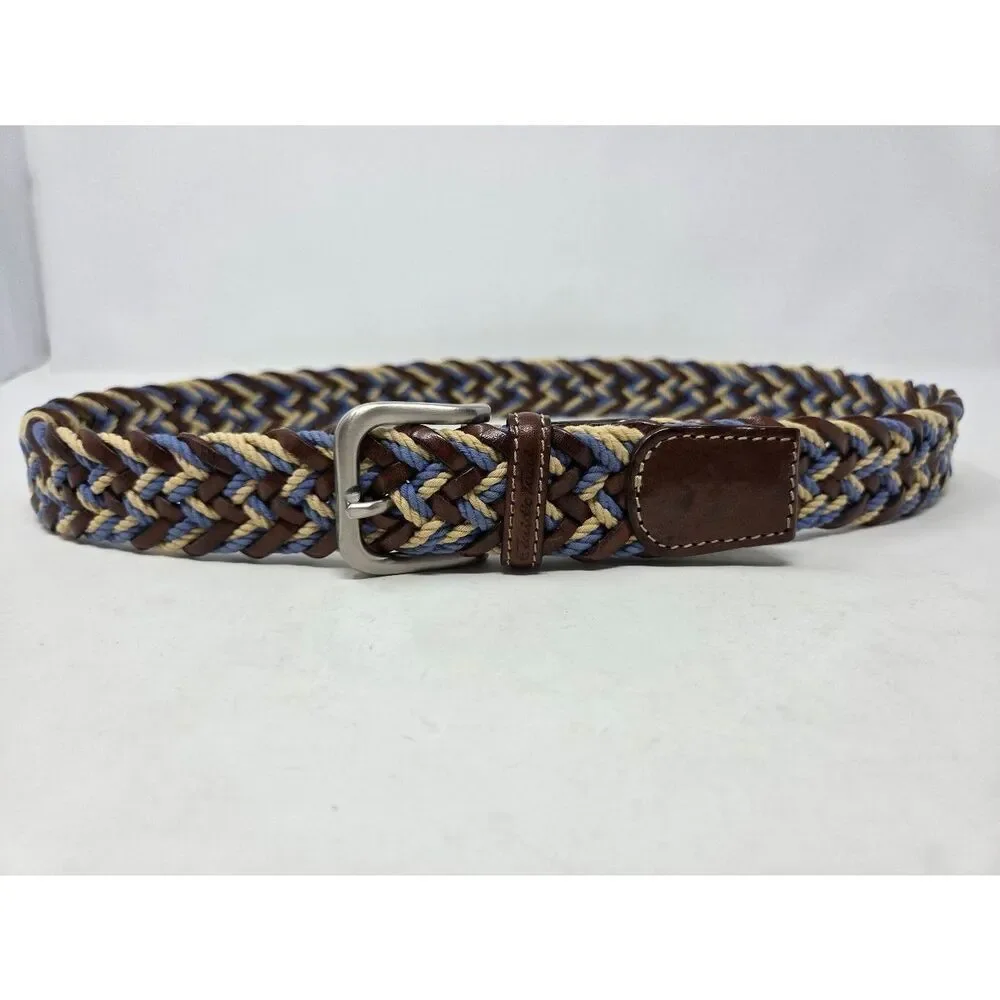 EMIDIO TUCCI LEATHER BROWN BLUE CREAM STRETCH WOVEN SILVER MENS BELT 40